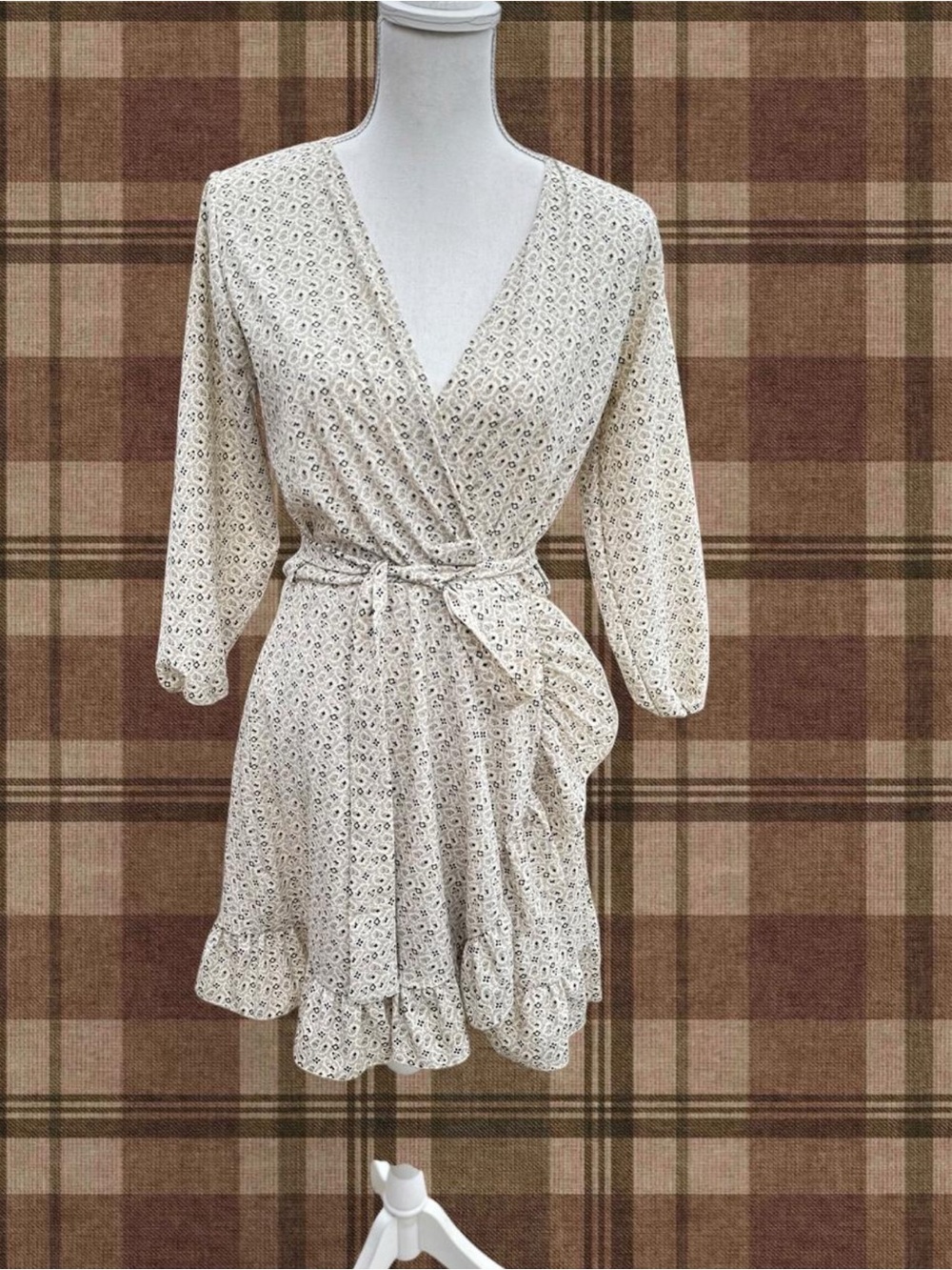 Women's Cream Floral Wrap Dress with Ruffle Hem